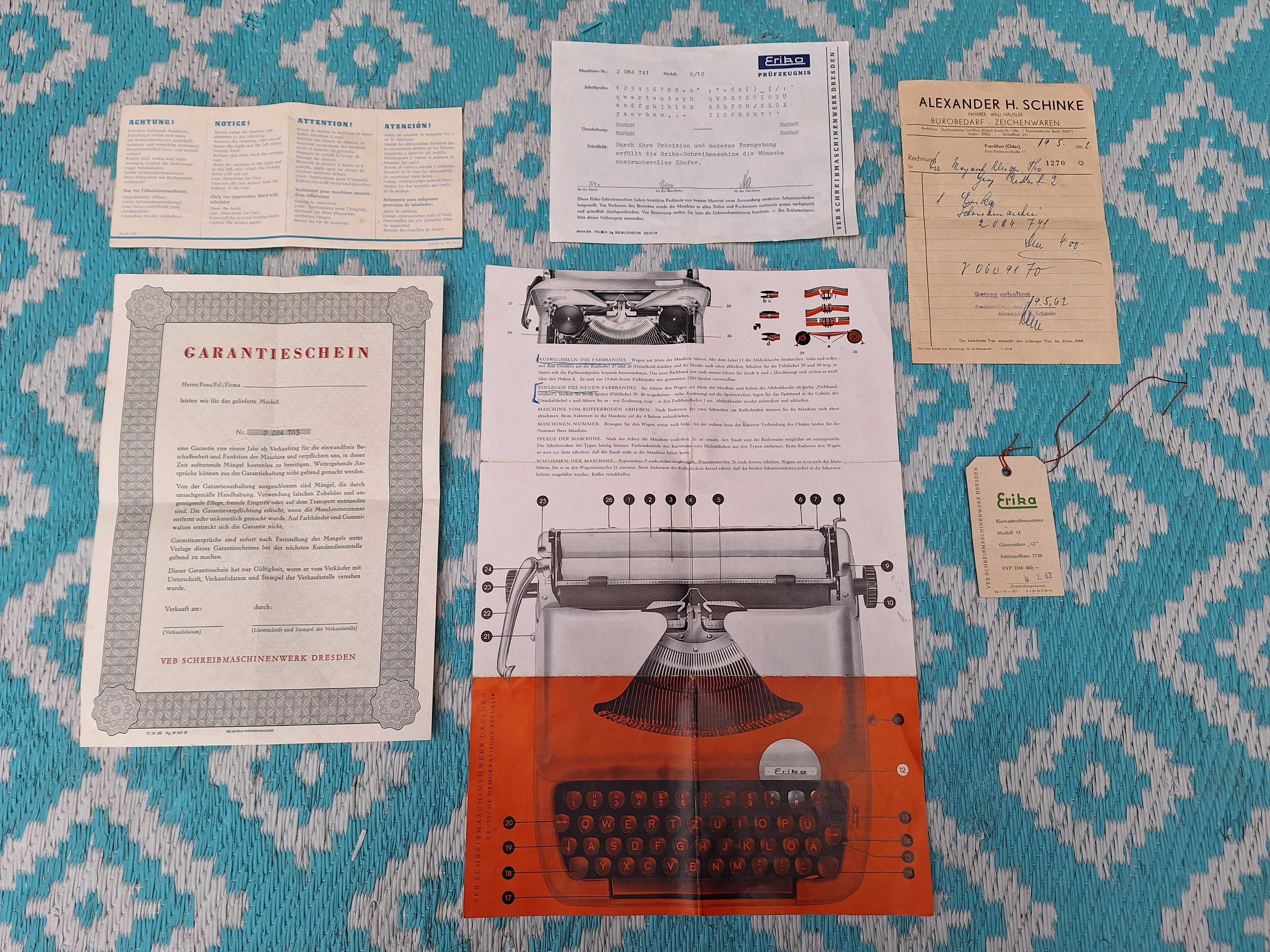 Stara1962 Maszyna do Pisania z pełną Dokumentacją z DDR Erica 12 stbdb