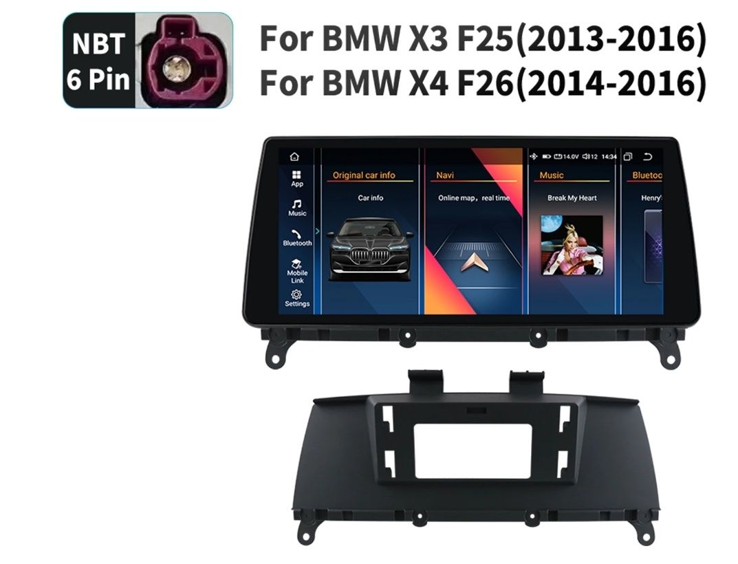 Radio Android 10,25" BMW X3 (F25) e X4 (F26) sistema NBT+ CARPLAY e An