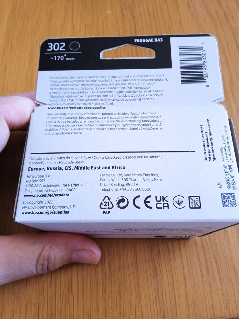 Tusz czarny HP 302 nowy długa data