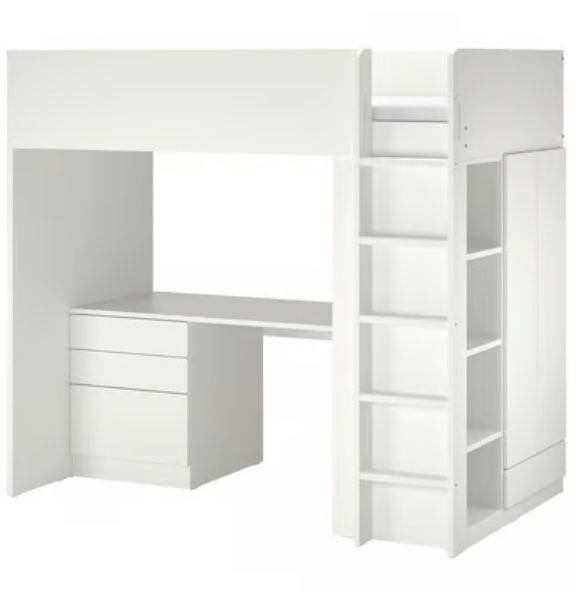 Łóżko na antresoli, biały biały/z biurkiem z 4 szufladami, 90x200 cm