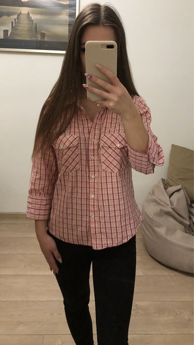 Różowa koszula Kapphal w kratkę luźna oversize rękaw 3/4