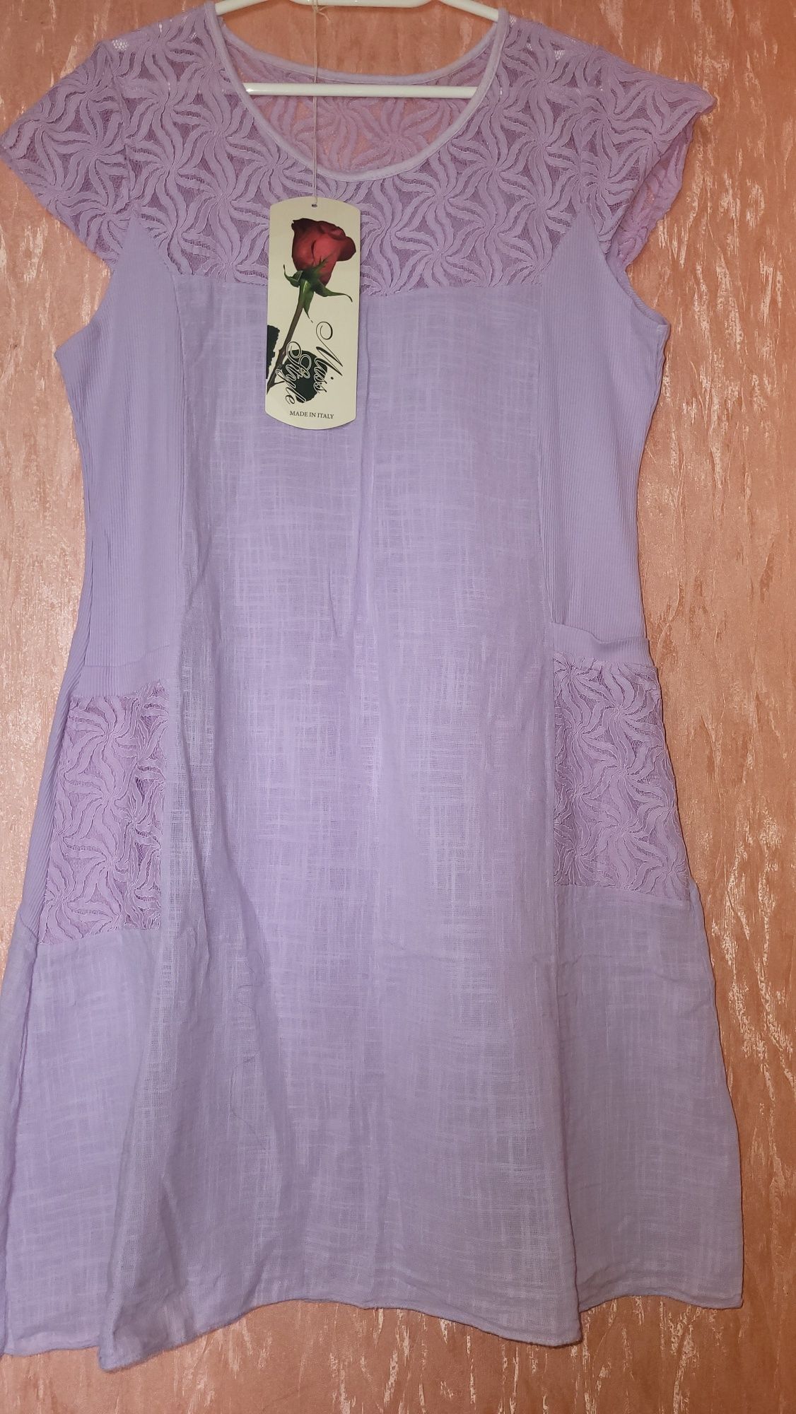 Платье коттон лен с гипюром XL-XXL сиреневое Италия