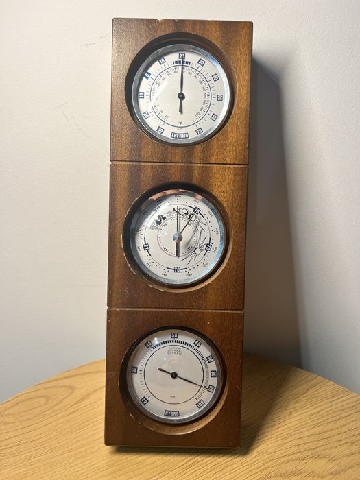 Drewniana Stacja Pogodowa BEHR Termometr Higrometr Barometr Vintage