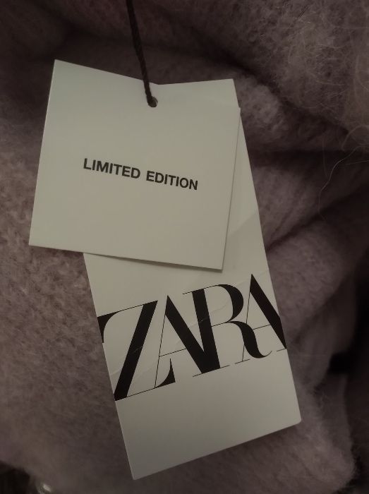 Liliowy sweter sukienka oversize wełniana liliowa wełna alpaka ZARA