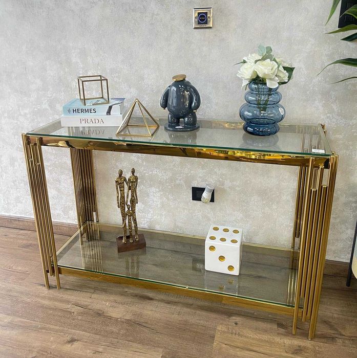 Stolik kawowy złoty,  transparentny lub dymiony blat 120 cm