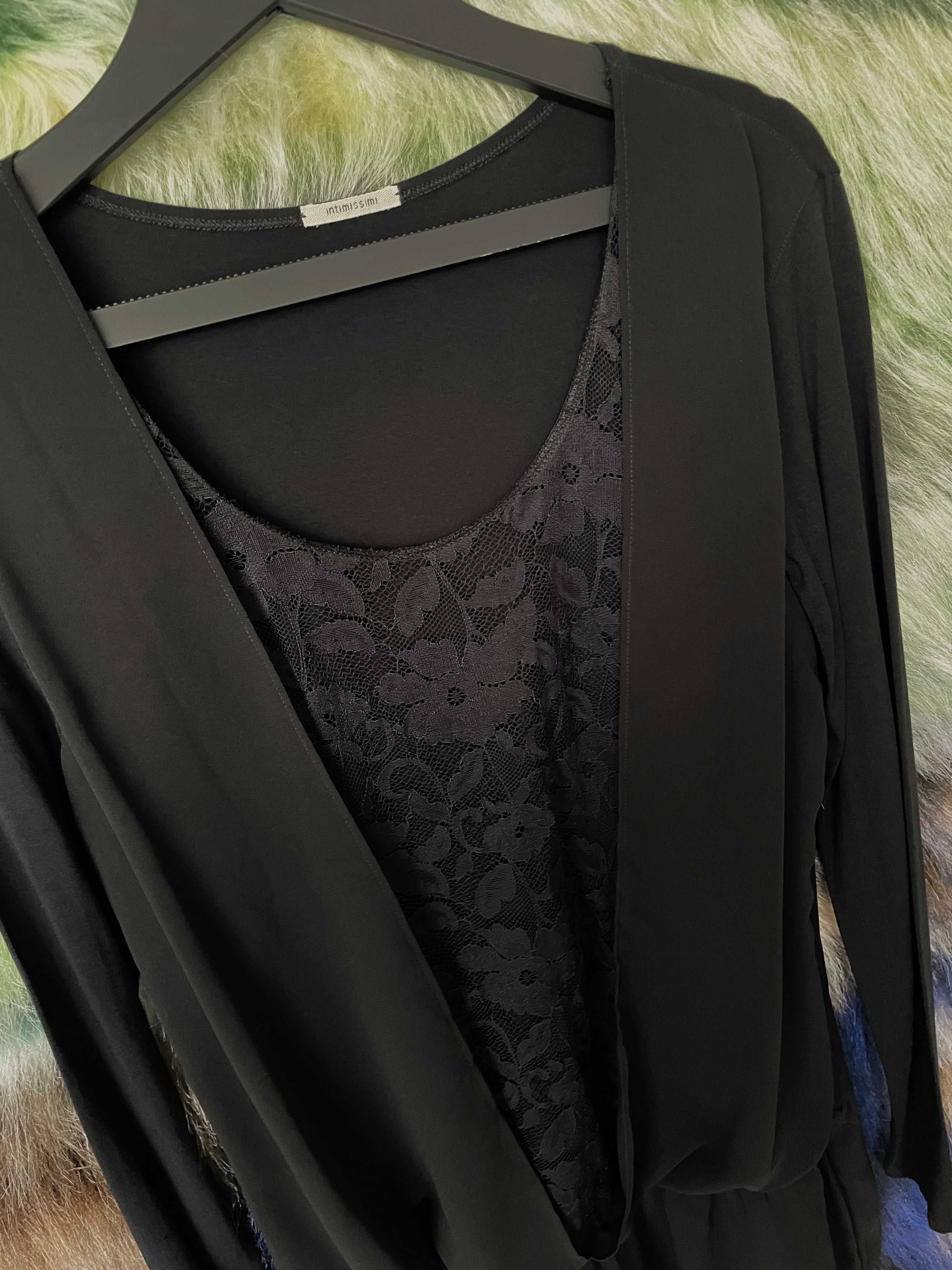 Czarna sukienka tunika Intimissimi z długim rękawem tiul koronka r. L