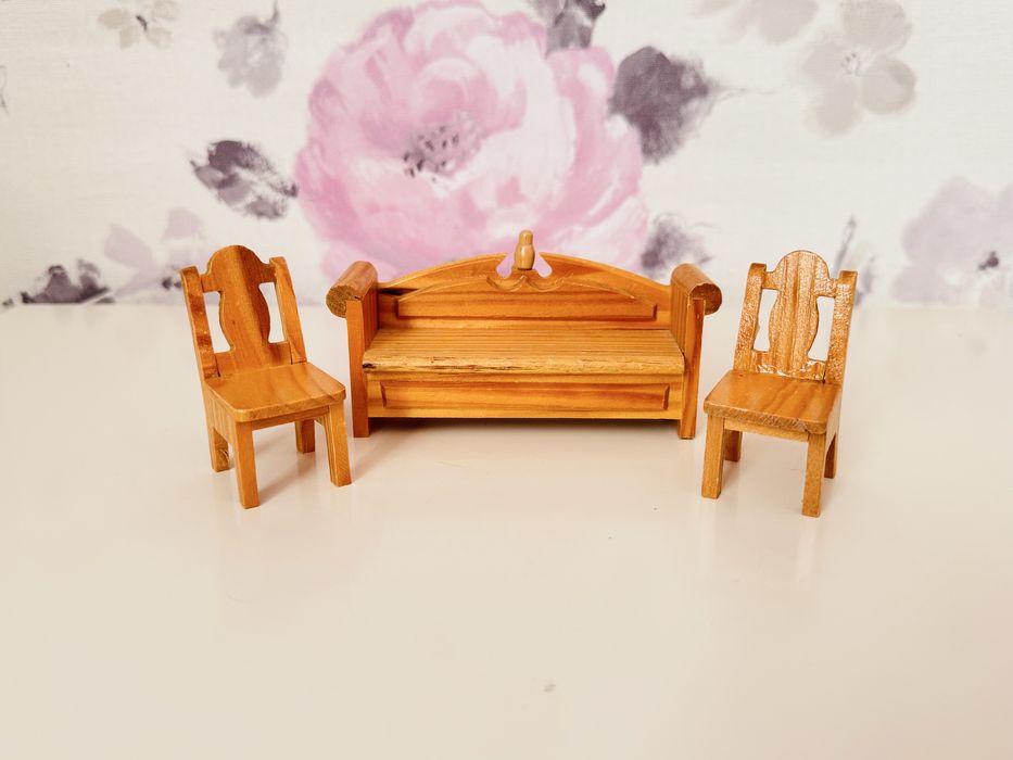 Drewniane mebelki lundby, sofa krzesło, meble do domku dla lalki