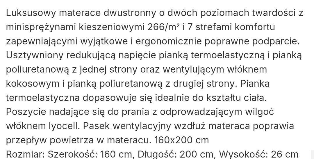 Materac Jysk 160X200 Gold S95 Dreamzone twardy piankowy sprężynowy HR