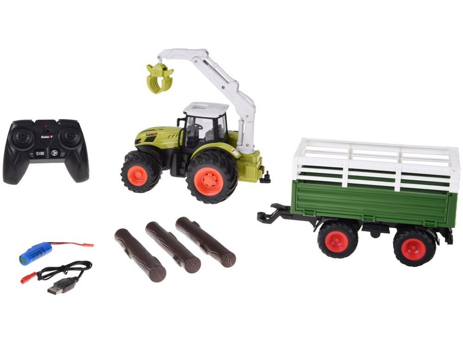 Sterowany Traktor na pilota z przyczepą i chwytakiem bale drewna