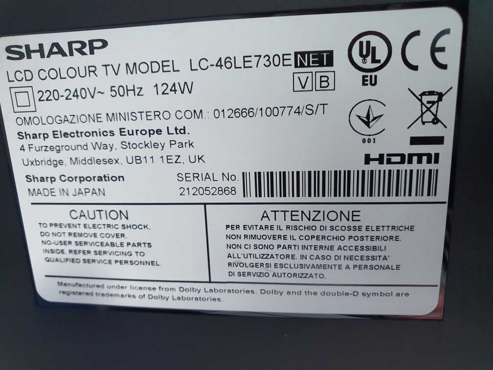 Telewizor LCD Sharp aquos 46 cali uszkodzony