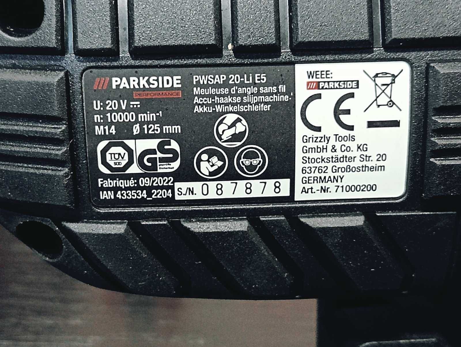 Кутова шліфувальна машина Parkside PWSAP 20-Li E5 болгарка