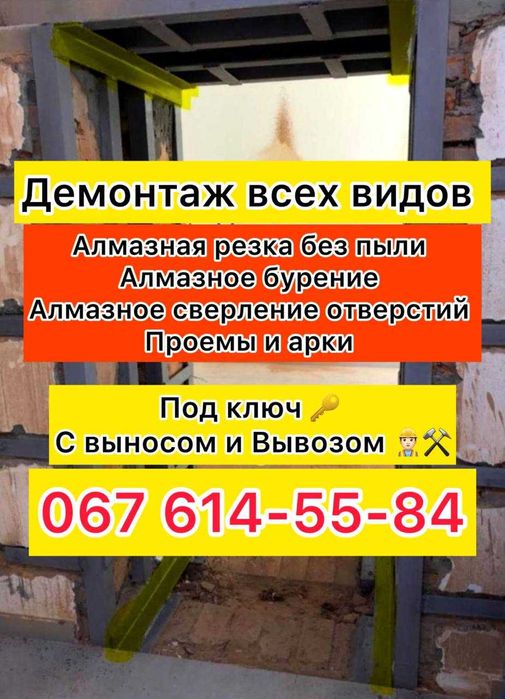 Демонтаж стен, перегородки, стяжки. Алмазная резка. Проемы и арки