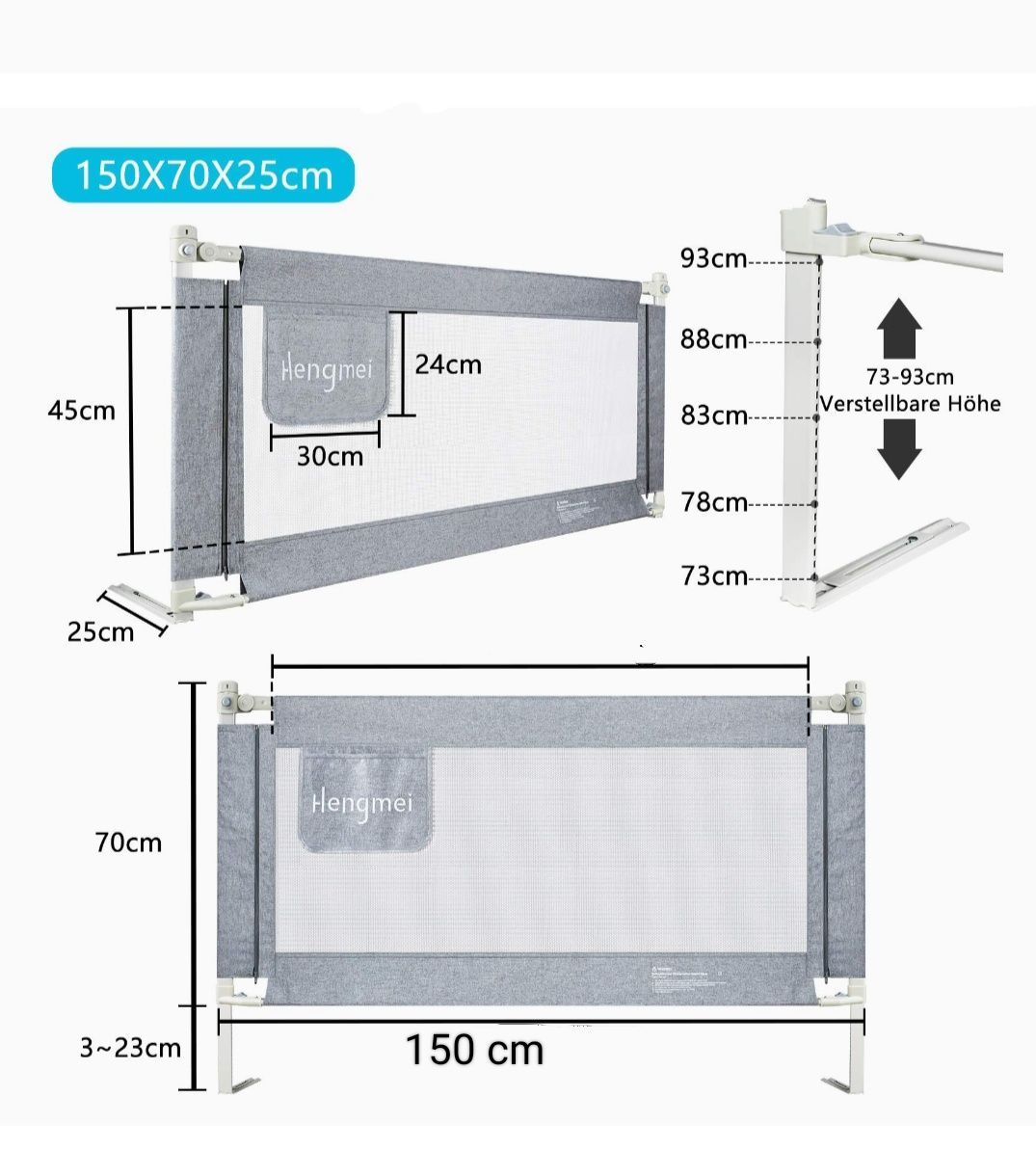 Barierka do łóżka 150cm szara