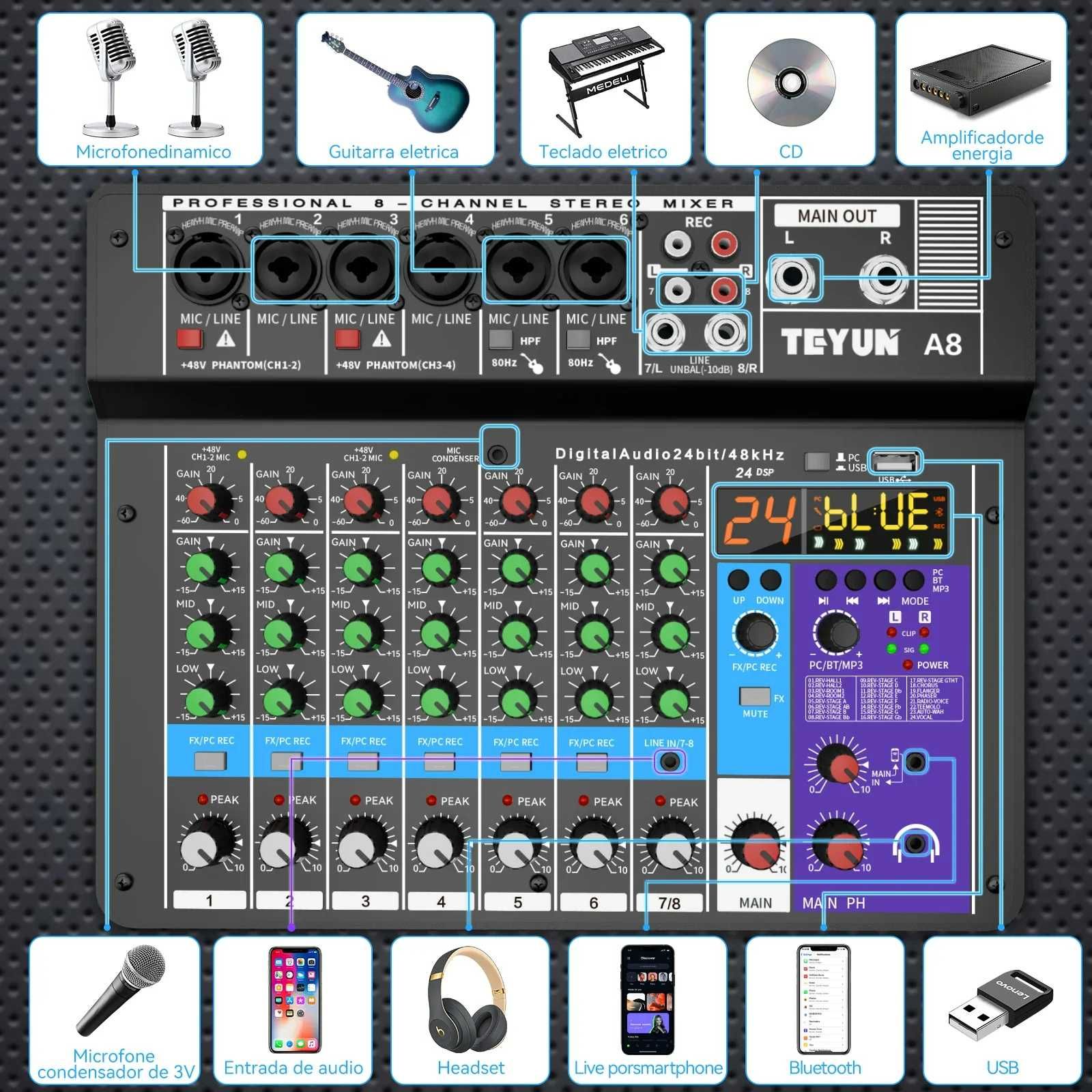 8-канальный аудио микшер и микрофон с 48V и USB TEYUN A6/A8