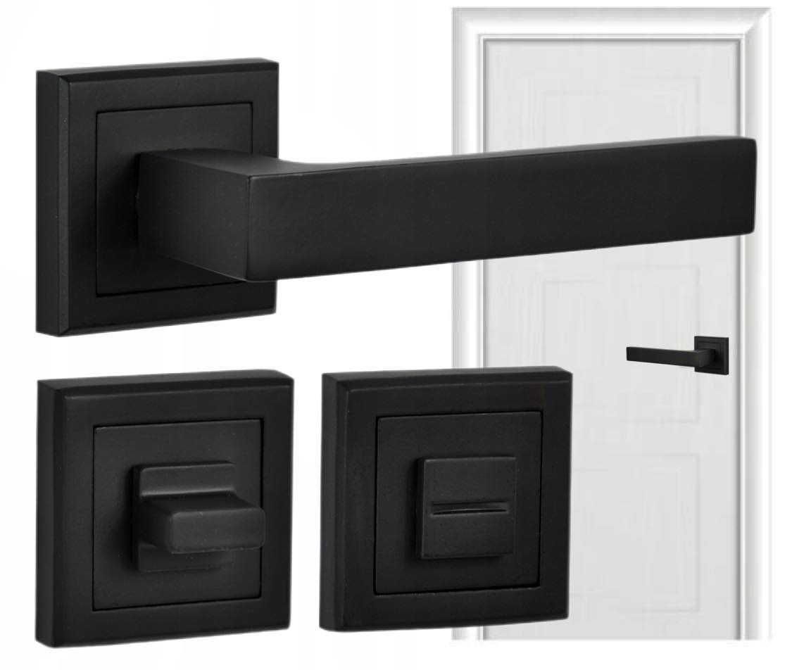 KLAMKA DRZWIOWA czarny mat + rozety klucz, wkład lub WC +wspomaganie