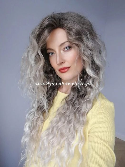 Peruka blond SMOKEY popielaty OMBRE afro loki kręcone włosy