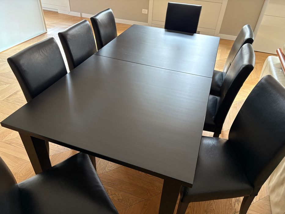 STÓŁ rozkładany, 8 krzeseł (skóra) IKEA wenge