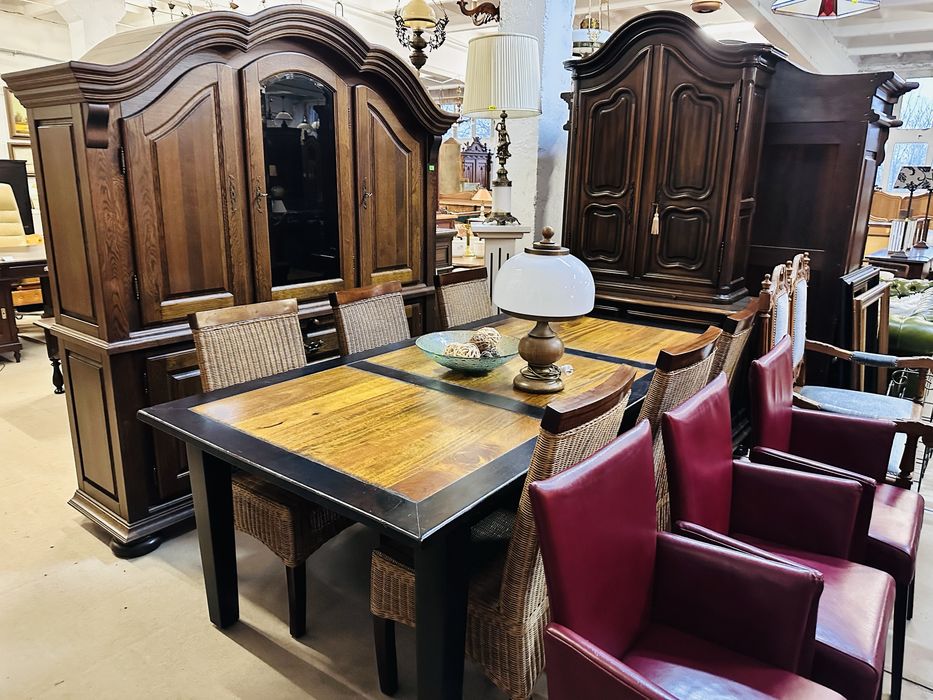 KOLONIALNY stół tekowy z 6 krzesłami z wikliny :)