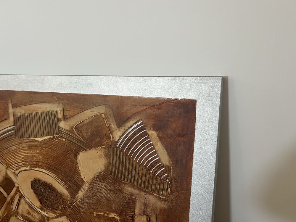 Quadro abstrato assinado com textura em tons de castanho/ terra