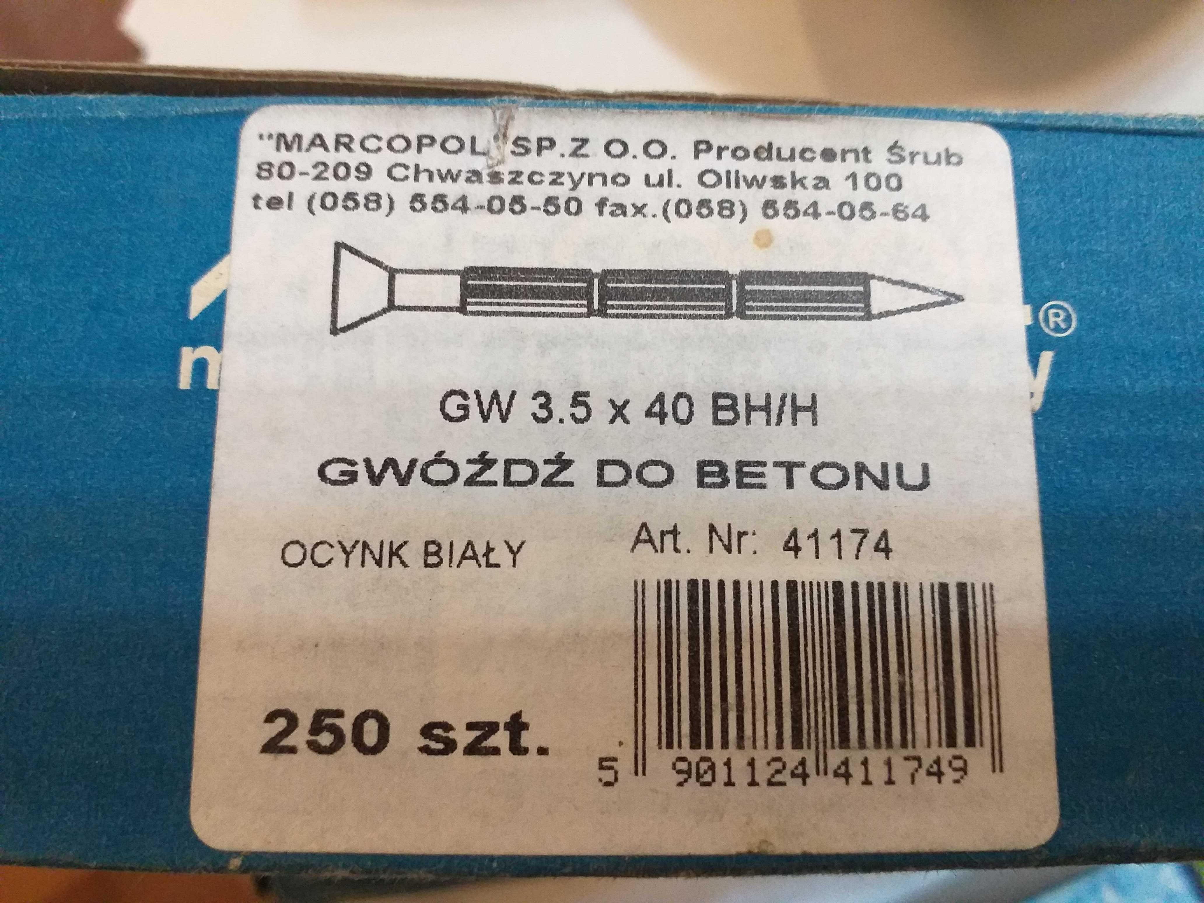 Gwoździe do betonu 3,5x40 i 3,5x50 + Kołki 6x30 z hakiem sufit. 4,0x40