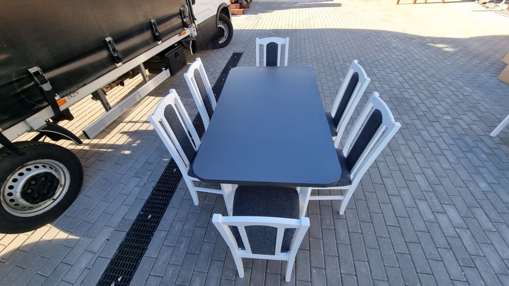 Stół rozkładany + 6 krzeseł, nowe, biały/grafit + grafit, dostawa PL