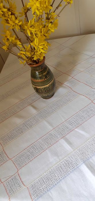 Obrus lniany ażurowe wzory biały + kolor