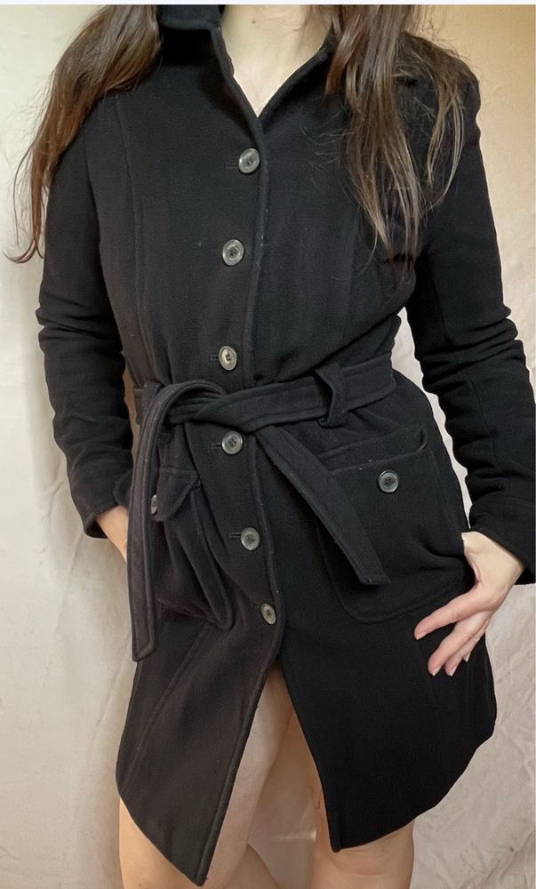 TOMMY HILFIGER S/M płaszcz z paskiem kaszmir aksamit czarny