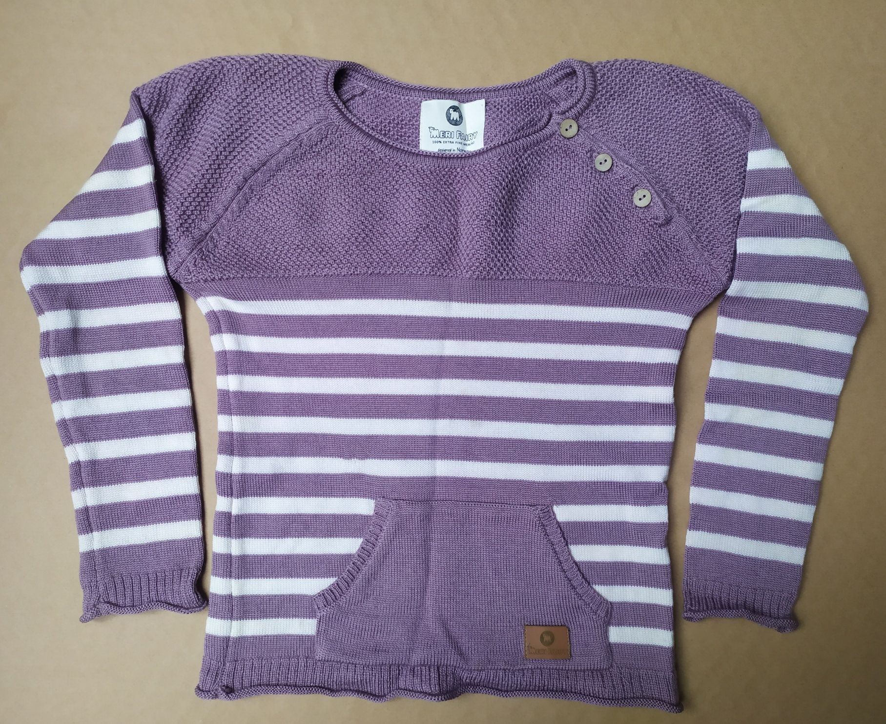 Sweter 100% merino od Meri Fairy, 116/122, pudrowy róż i białe paski