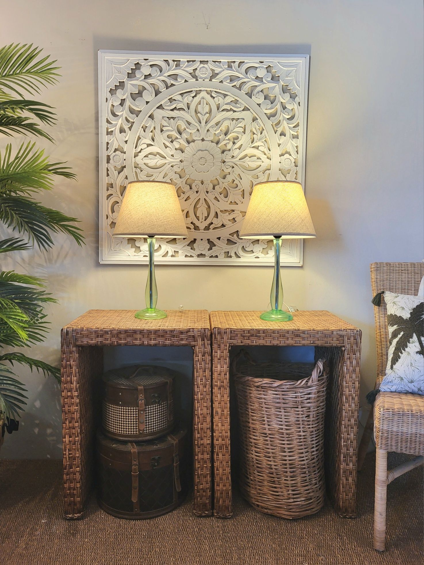 2 mesas, cabeceira, apoio, rattan, oriental, rustico