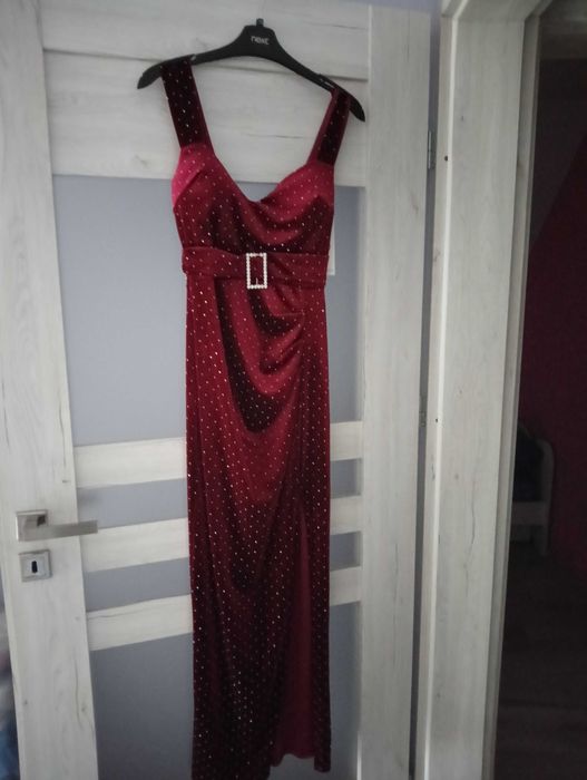 Sukienka MIDI kamyczki klamra rozporek wesele, andrzejki, ostatki  S/M