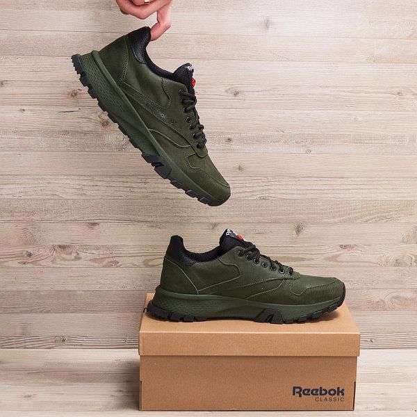 Стильные мужские кроссовки Reebok зеленые, кожаные кроссы