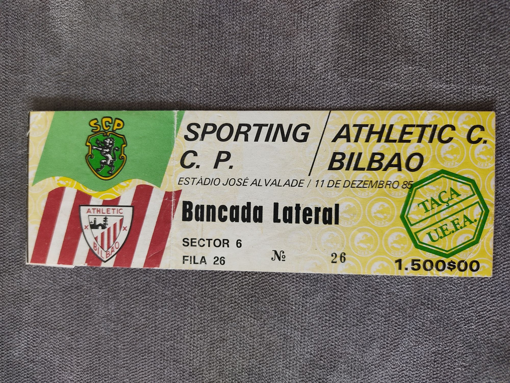 Bilhete Sporting Athletic Bilbau 1985 UEFA