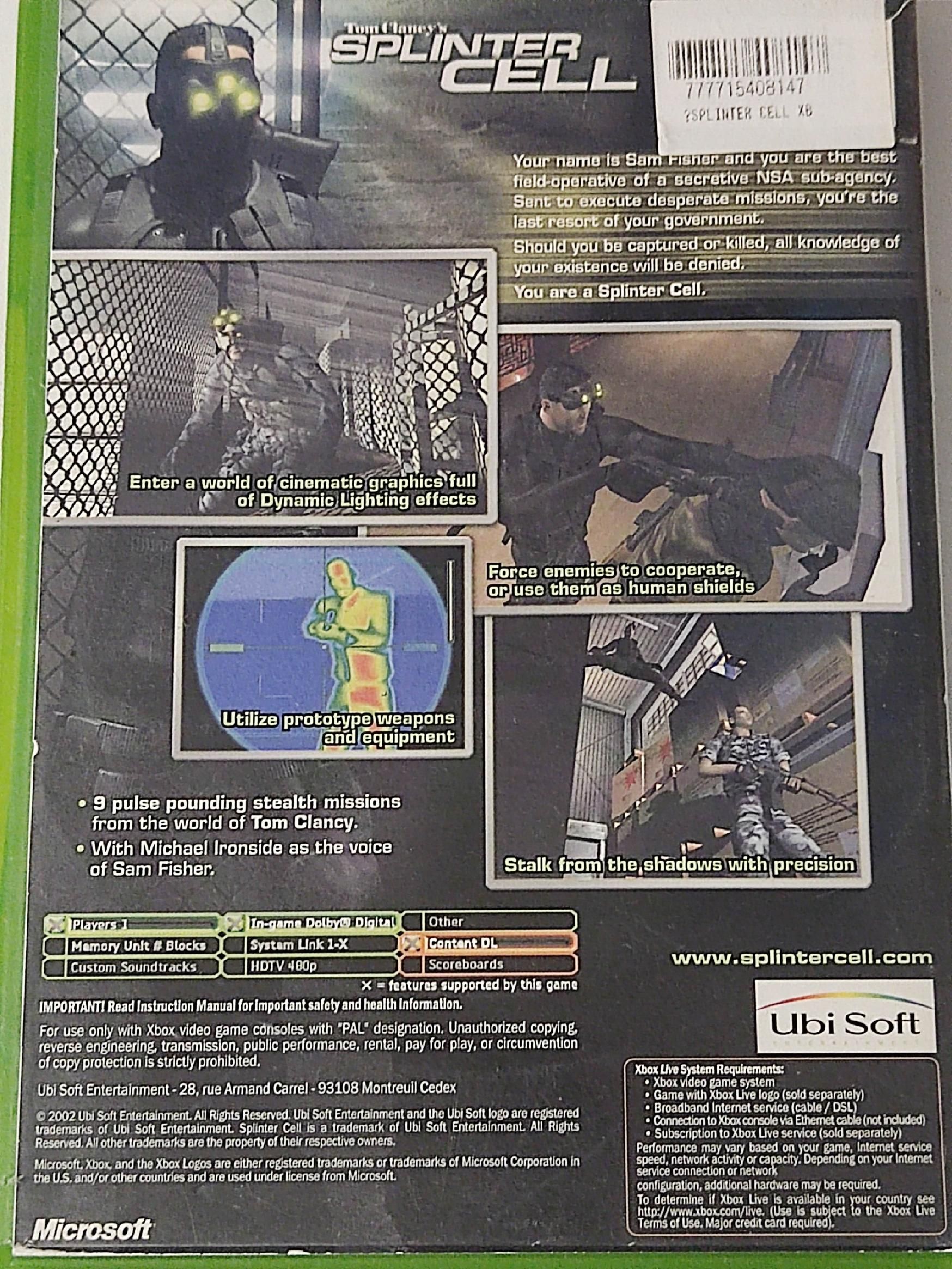 Xbox Tom Clancy's Splinter Cell Gra Microsoft X Box Classic