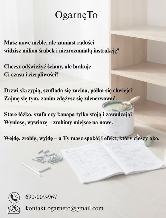 Malowanie, skrecanie mebli, wywóz starych mebli, zlota rączka