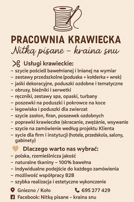 Pracownia krawiecka . Usługi krawieckie:

szycie pościeli bawełnianej