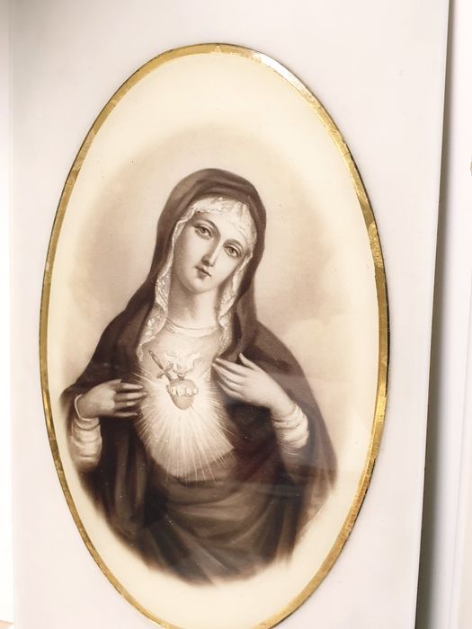 Par de grandes antigas imagens Sagrado Coração Maria e Jesus