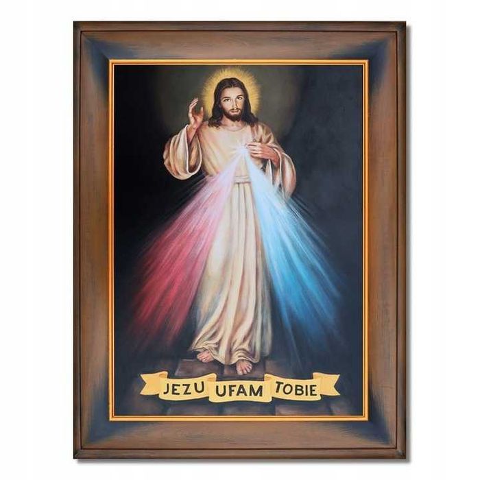 obraz malowany Jezus w modlitwie JEZU UFAM TOBIE MIŁOSIERNY rama złota