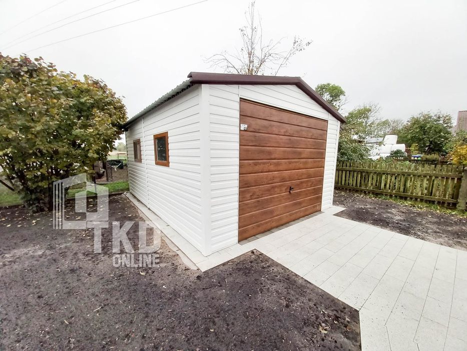 Garaż Blaszany 4X6 Brama 2X Okno - Biały + Ciemny Orzech  Tkd113