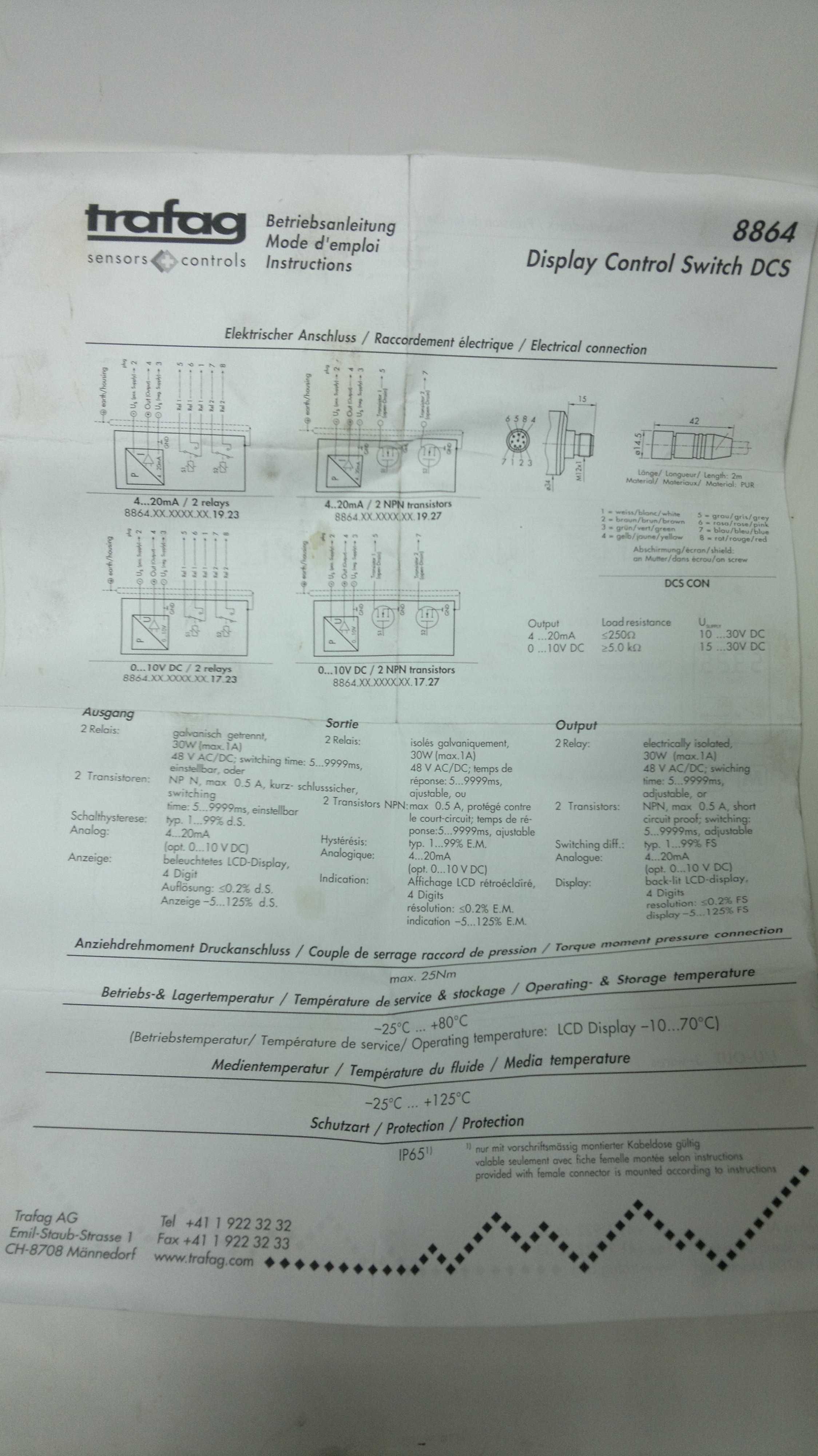 Przetwornik miernik ciśnienia presostat manometr DCS Trafag typ 8864