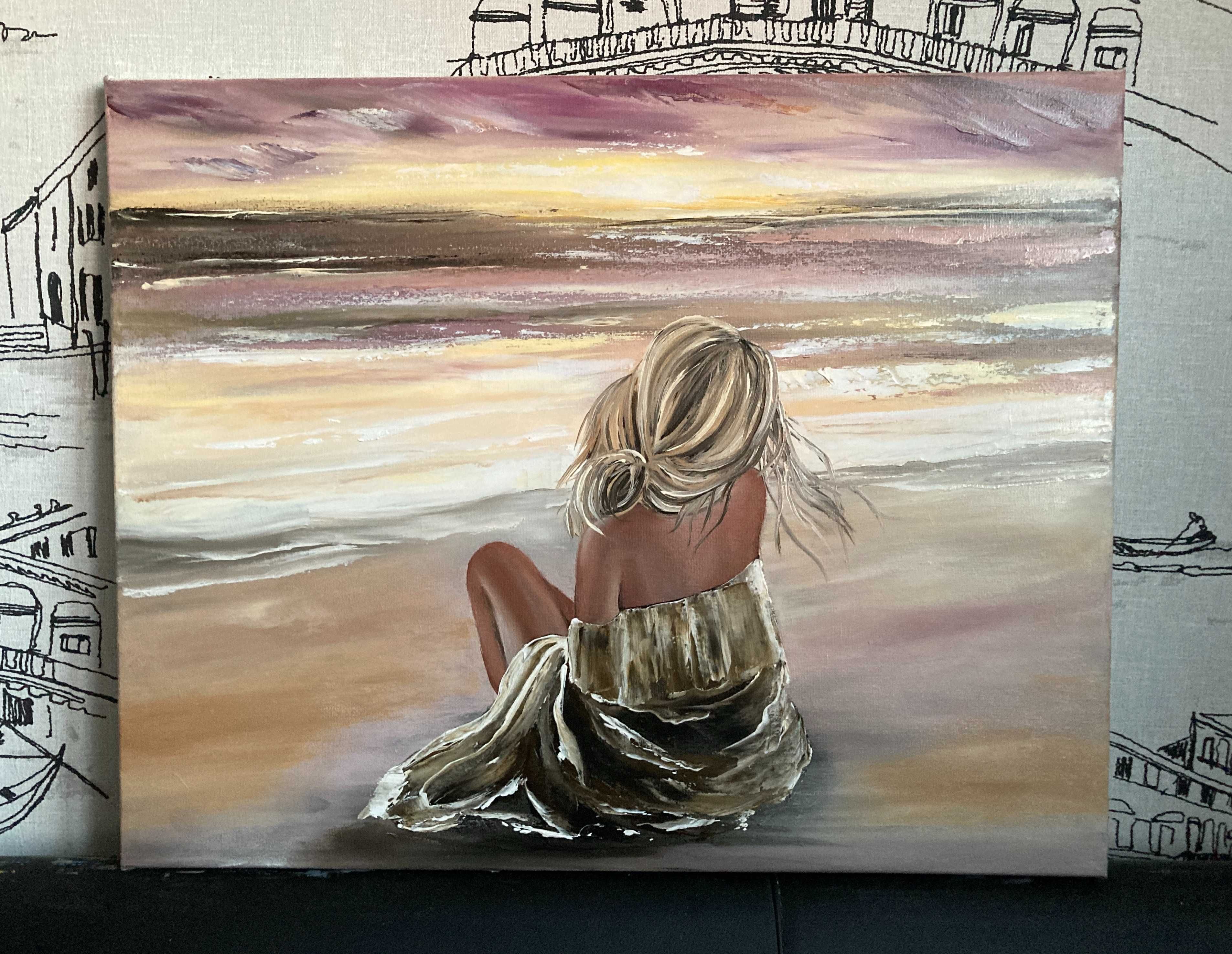 Картина олійними фарбами (маслом) Дівчина та море 40х50 см