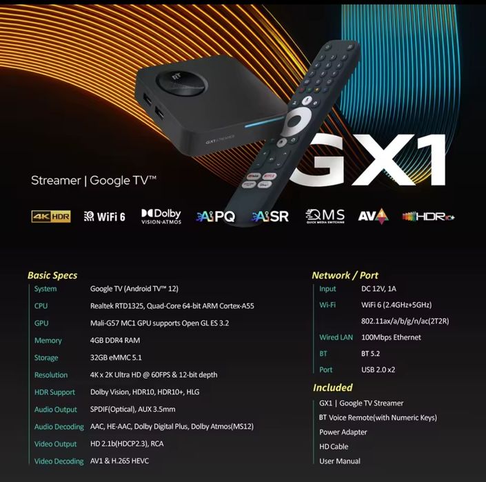 Rocktek GX1 4/32 тв приставка (google tv, смарт, wifi6, av1, netflix)