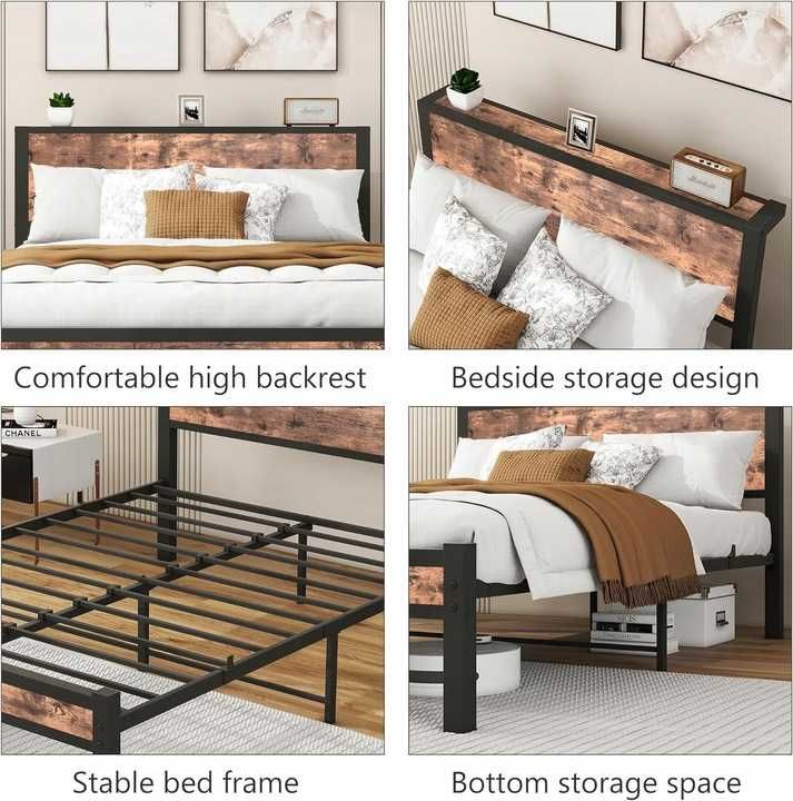 Łóżko podwójne metalowe homecommend sypialnia 180x200 czarny, drewno