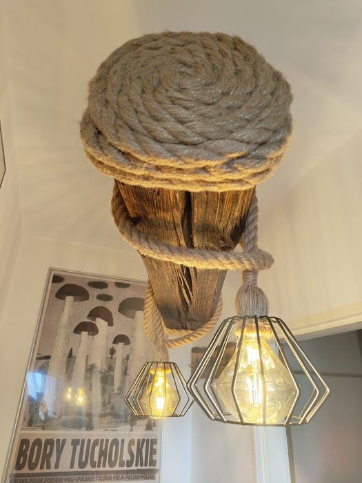 Lampa sznur jutowy 2xe27 belka rustykalna loft handmade klosze