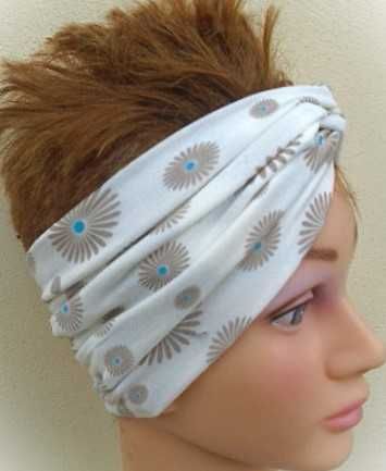 /wiosna - lato /szeroka bawełniana opaska   ecru z beżowym i turkusem