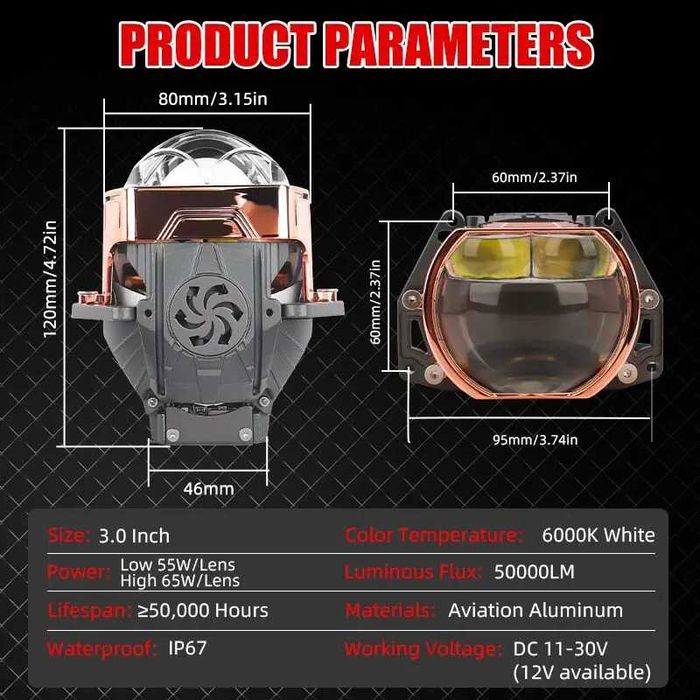 Бі-лед лінзи 3.0" з лазером 6000К 100вт