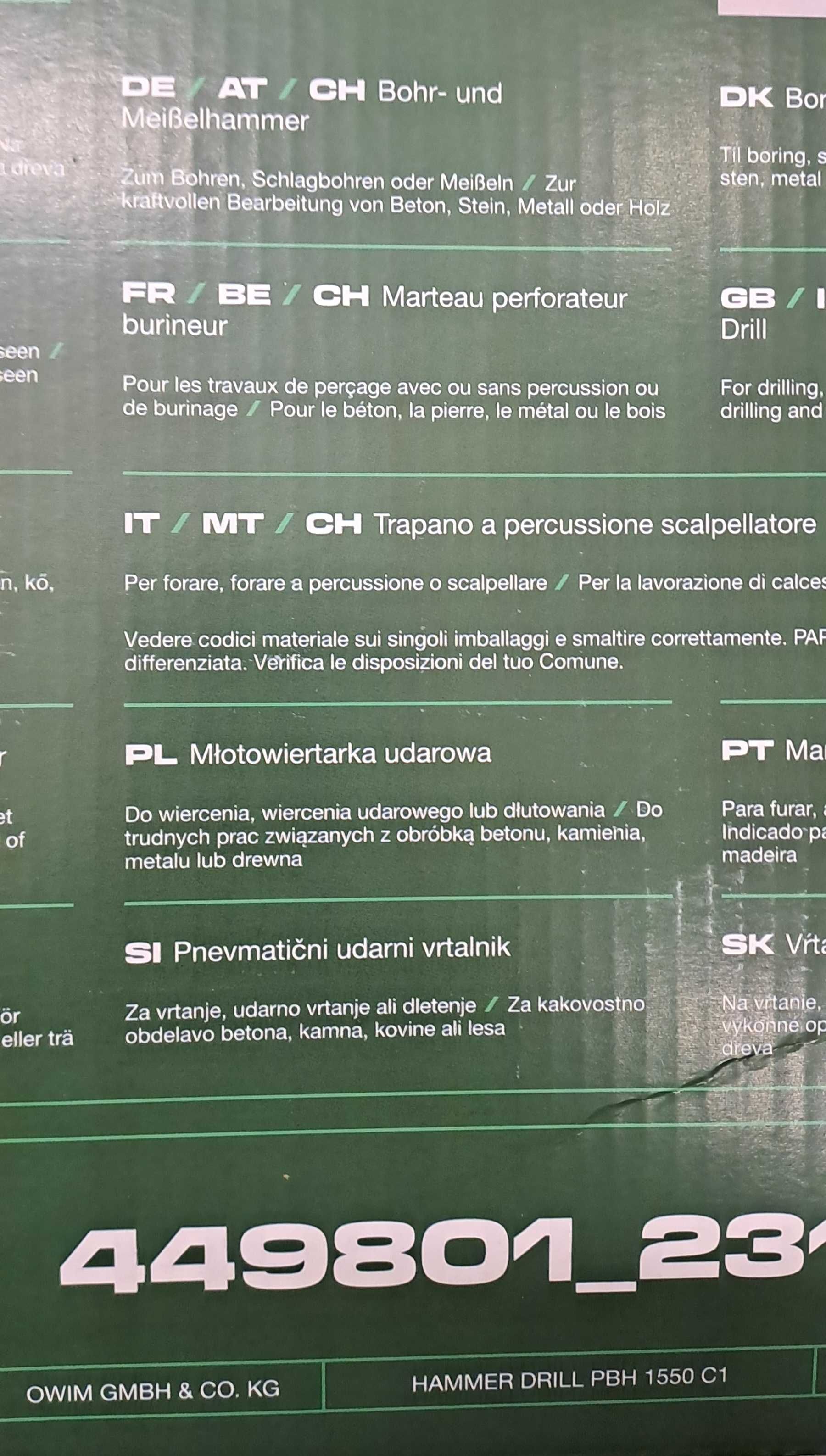 Młotowiertarka udarowa PARKSIDE SDS Plus, 5J, 1550 W, młot, wiertarka