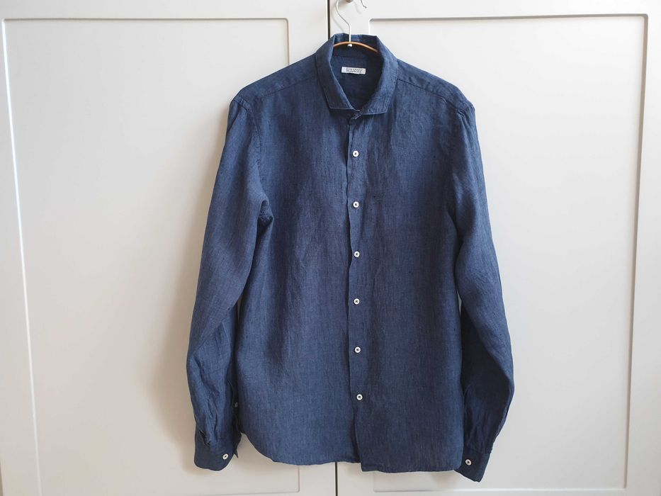 Włoska granatowa lniana koszula męska Made in Italy Homeward S M 100%