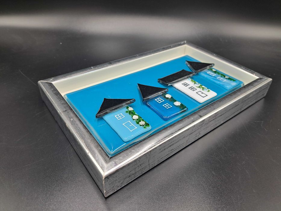 Obraz szkło Murano szklane domki domy na szklanej tafli srebrna rama