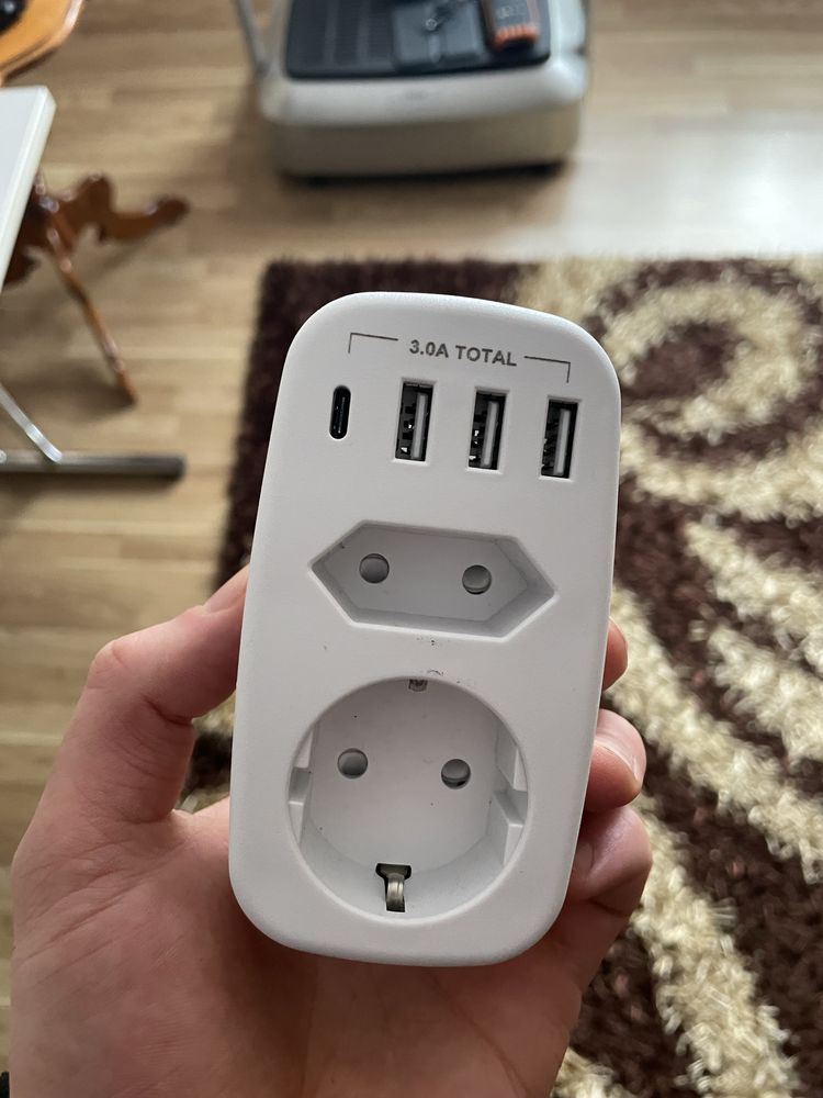 Elektryczna listwa zasilająca z USB, adapter 6 w 1