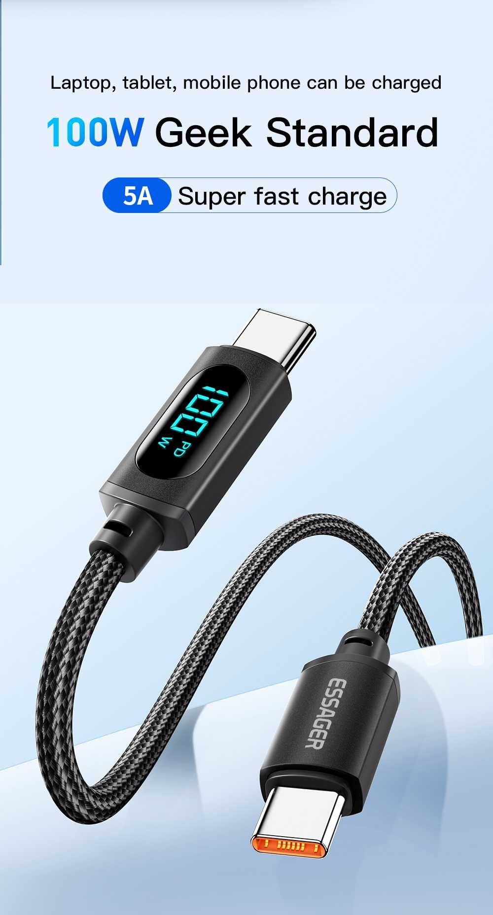 Kabel ESSAGER 100W  5A USB C- USB C QC 3.0 2 metry Full LED